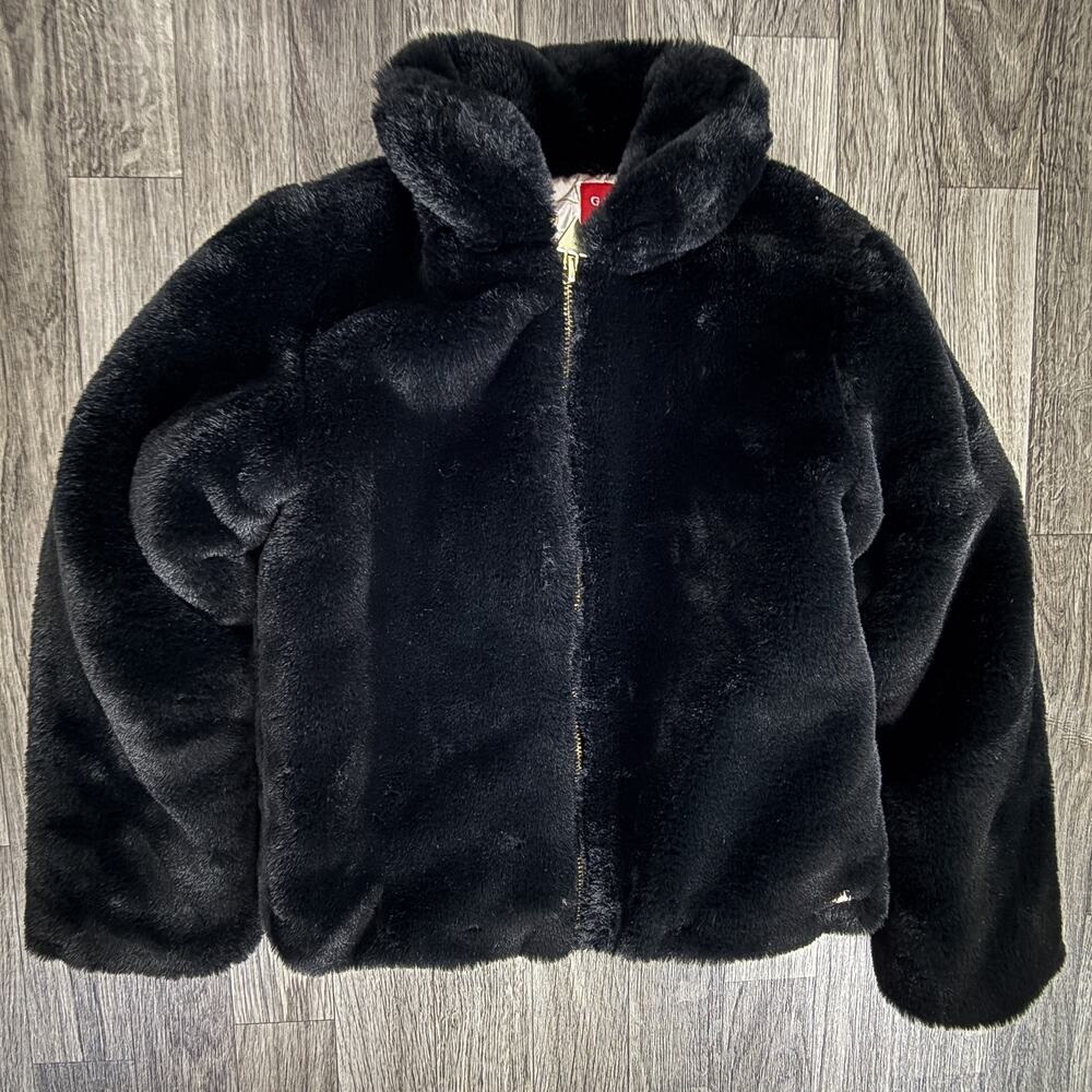 Guess Kids Black Faux Fur Jacket Full Zip Gold Logo Lined Coat Size 8